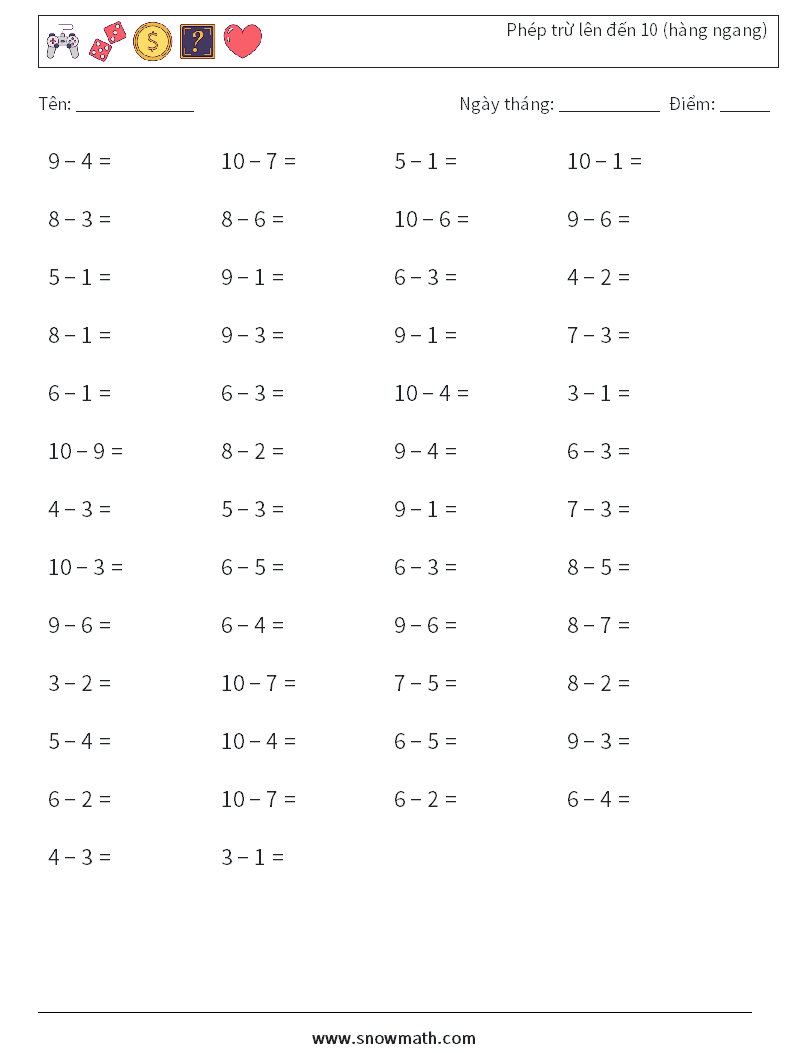 (50) Phép trừ lên đến 10 (hàng ngang) Bảng tính toán học 8