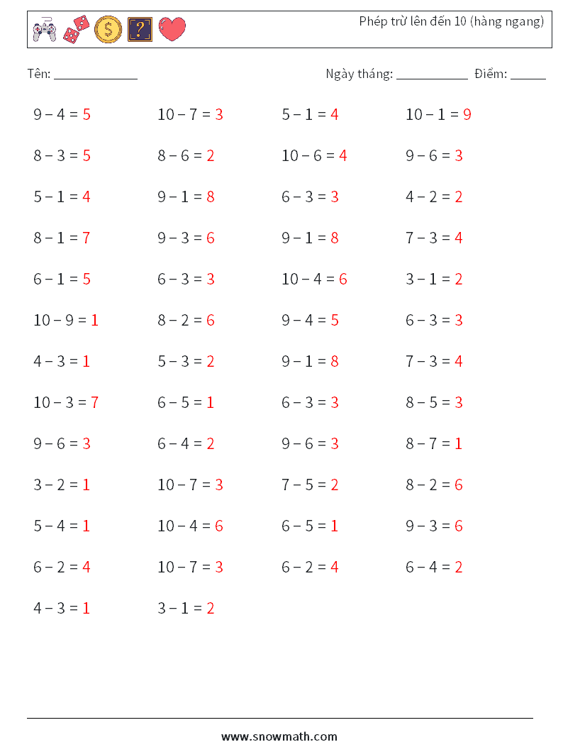(50) Phép trừ lên đến 10 (hàng ngang) Bảng tính toán học 8 Câu hỏi, câu trả lời