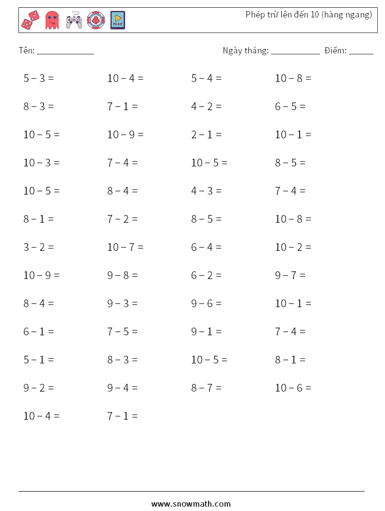 (50) Phép trừ lên đến 10 (hàng ngang) Bảng tính toán học 9