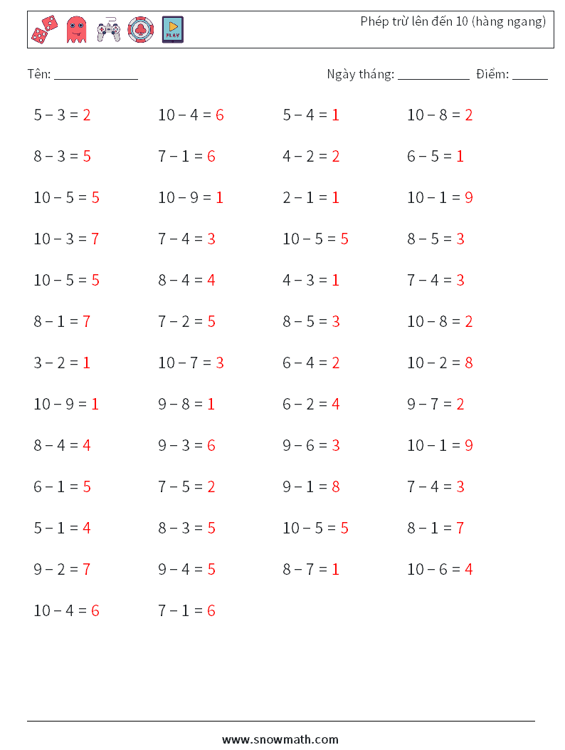 (50) Phép trừ lên đến 10 (hàng ngang) Bảng tính toán học 9 Câu hỏi, câu trả lời