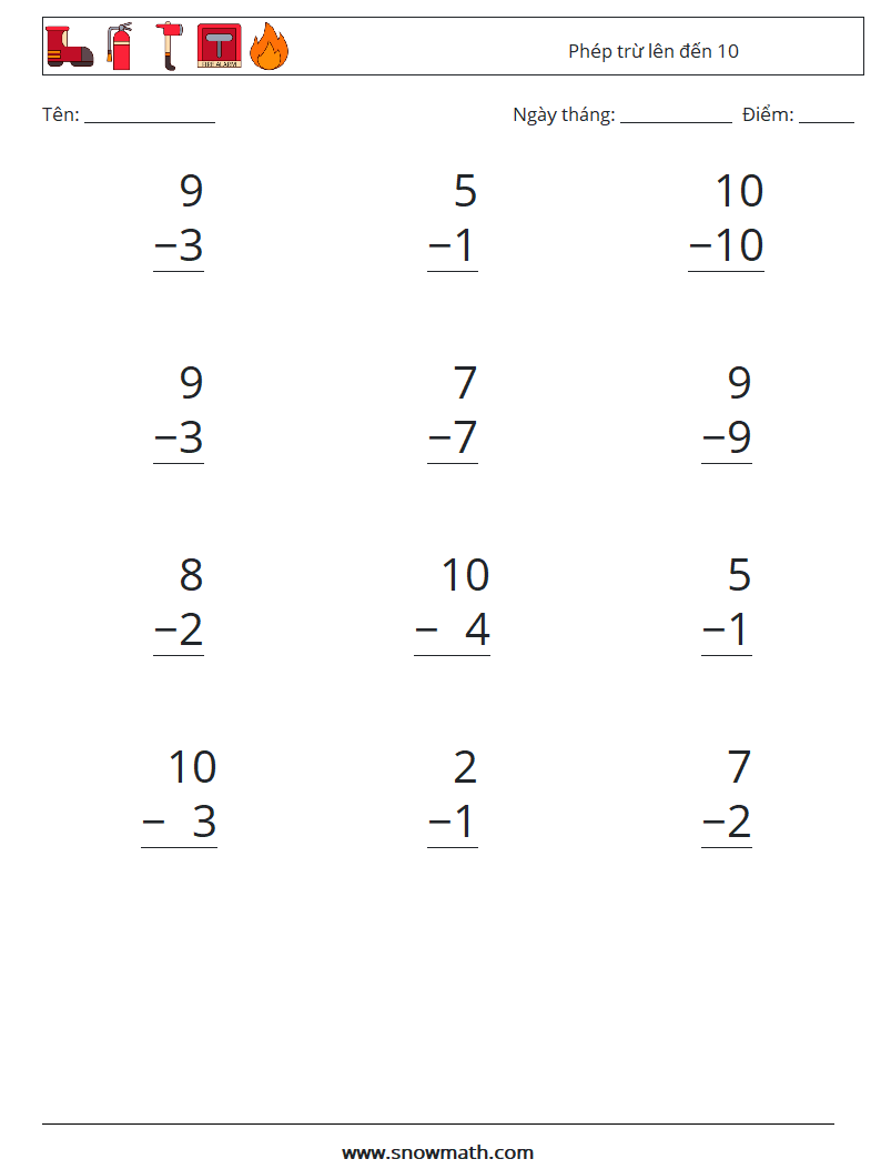 (12) Phép trừ lên đến 10 Bảng tính toán học 3