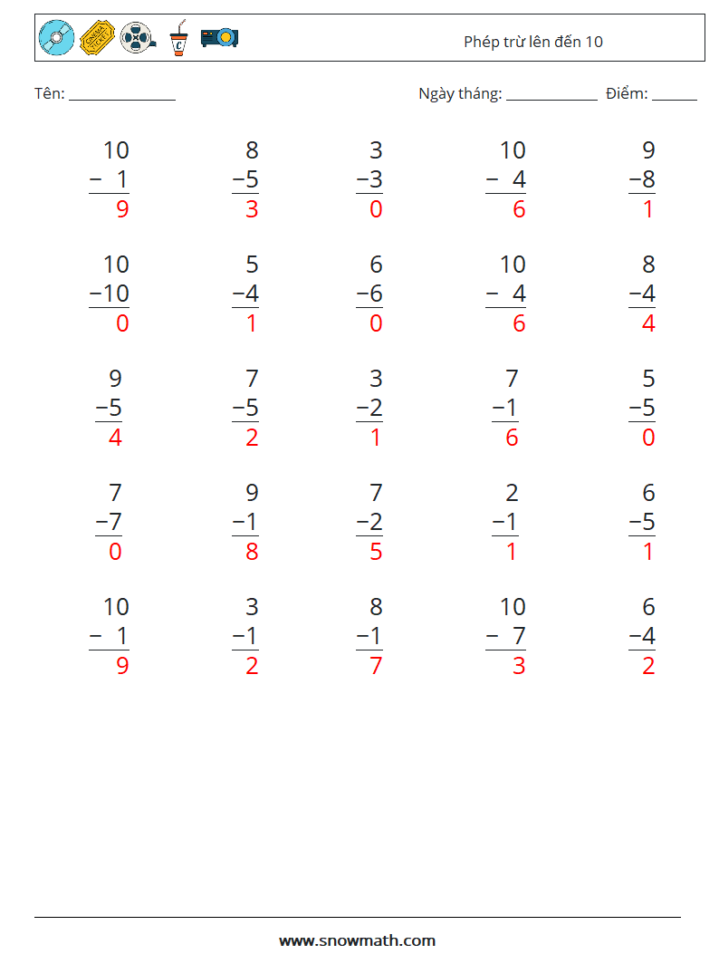 (25) Phép trừ lên đến 10 Bảng tính toán học 6 Câu hỏi, câu trả lời