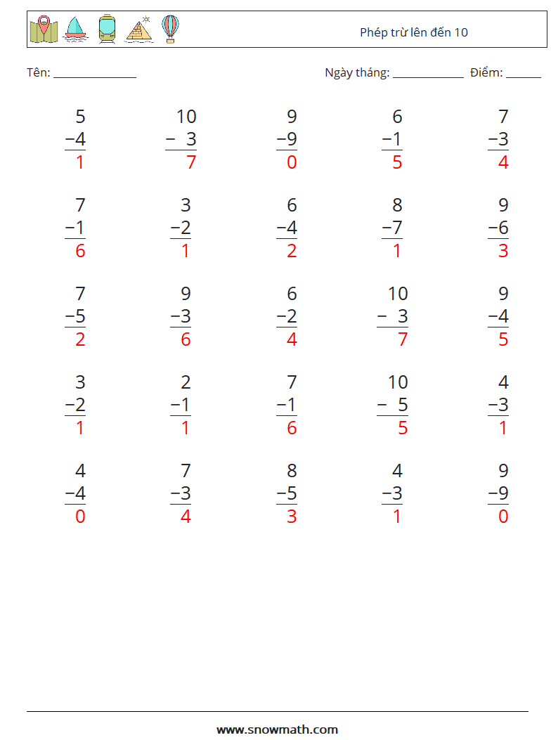 (25) Phép trừ lên đến 10 Bảng tính toán học 7 Câu hỏi, câu trả lời