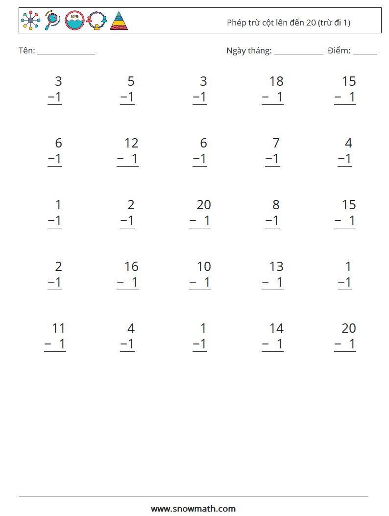 (25) Phép trừ cột lên đến 20 (trừ đi 1) Bảng tính toán học 13