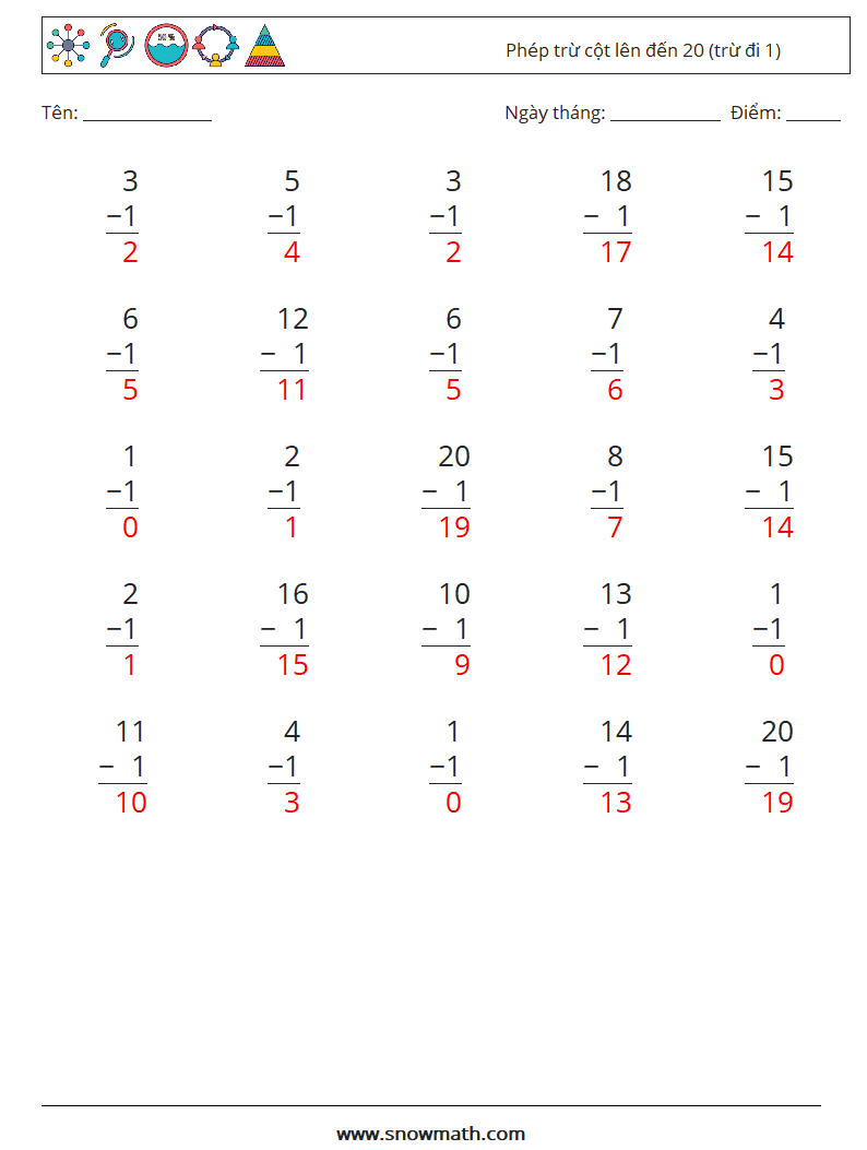 (25) Phép trừ cột lên đến 20 (trừ đi 1) Bảng tính toán học 13 Câu hỏi, câu trả lời