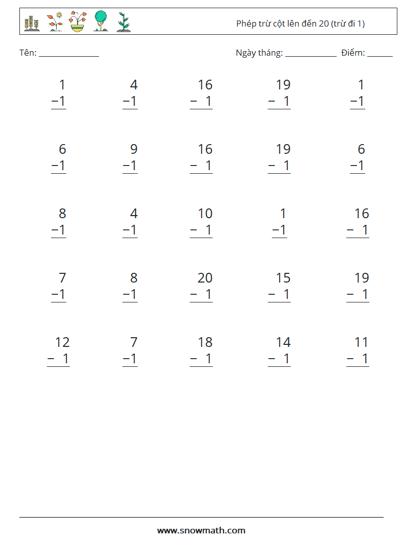 (25) Phép trừ cột lên đến 20 (trừ đi 1) Bảng tính toán học 16