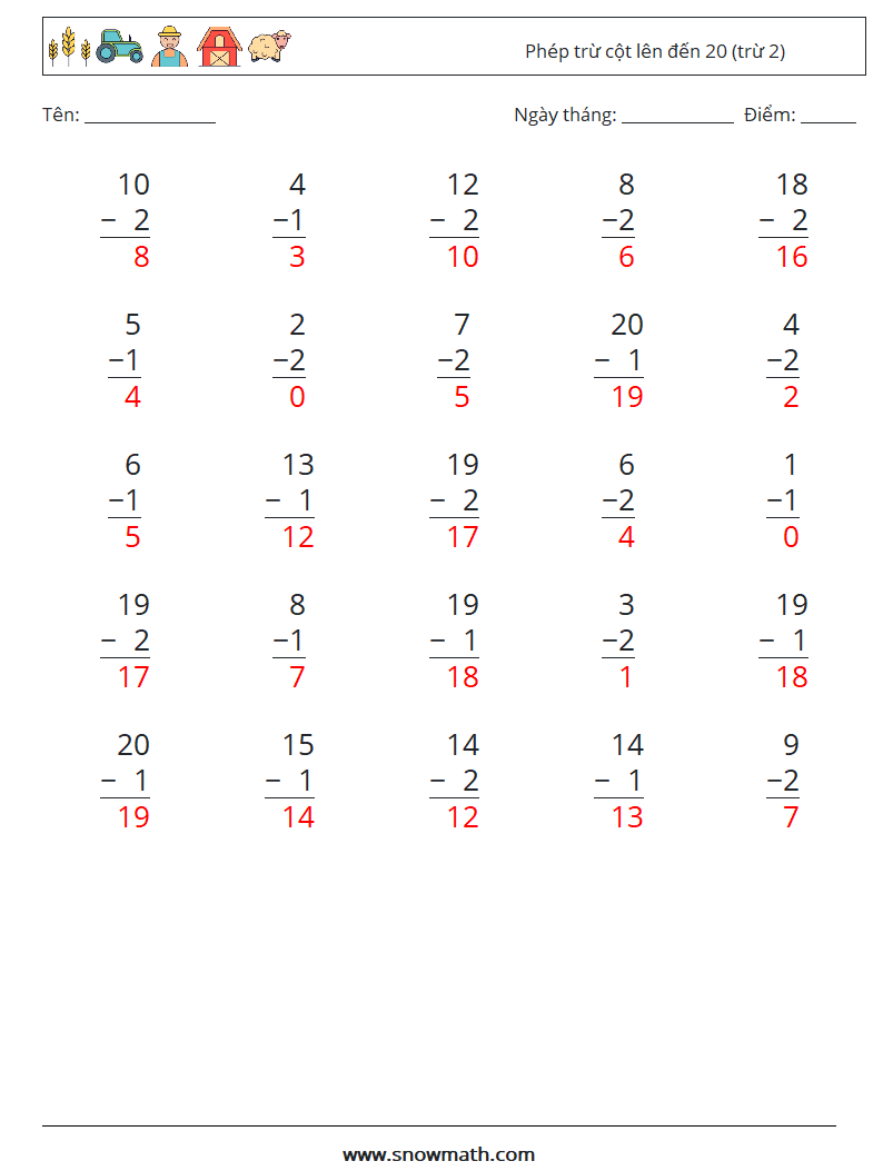 (25) Phép trừ cột lên đến 20 (trừ 2) Bảng tính toán học 12 Câu hỏi, câu trả lời