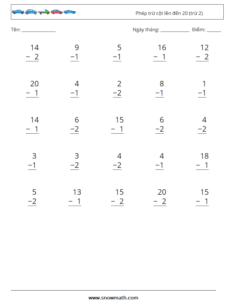 (25) Phép trừ cột lên đến 20 (trừ 2) Bảng tính toán học 13
