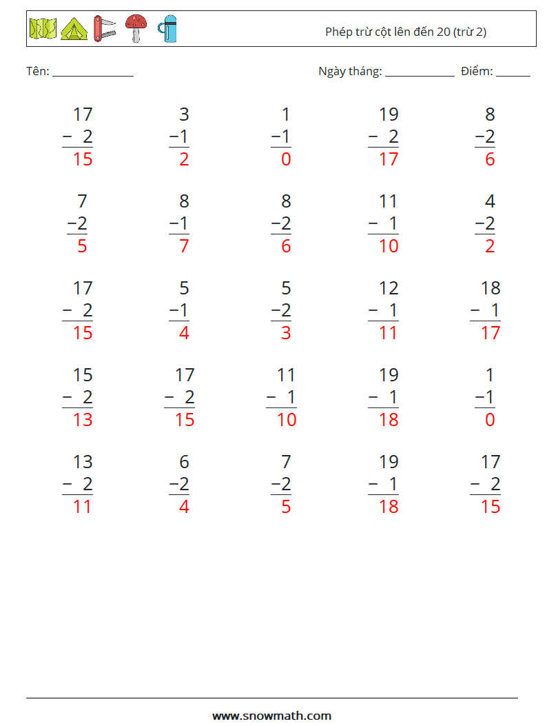 (25) Phép trừ cột lên đến 20 (trừ 2) Bảng tính toán học 17 Câu hỏi, câu trả lời