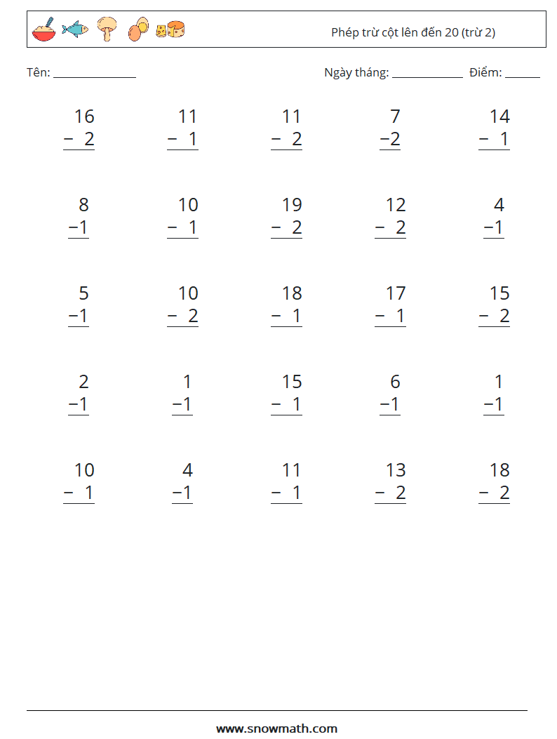 (25) Phép trừ cột lên đến 20 (trừ 2) Bảng tính toán học 18