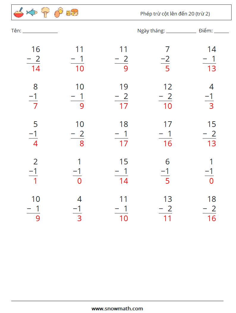 (25) Phép trừ cột lên đến 20 (trừ 2) Bảng tính toán học 18 Câu hỏi, câu trả lời