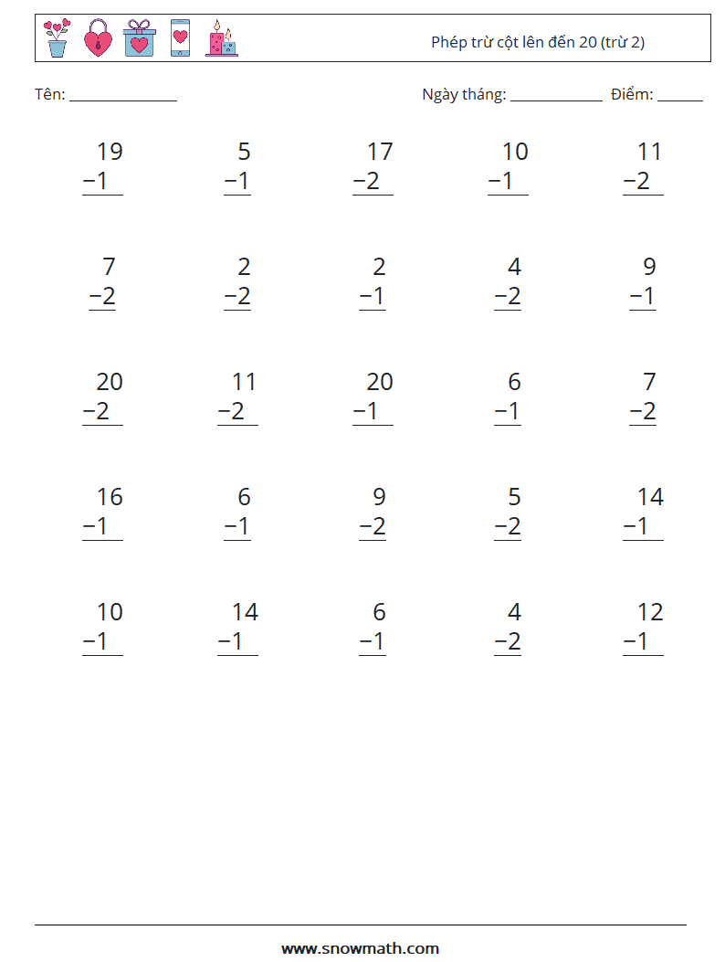 (25) Phép trừ cột lên đến 20 (trừ 2) Bảng tính toán học 2