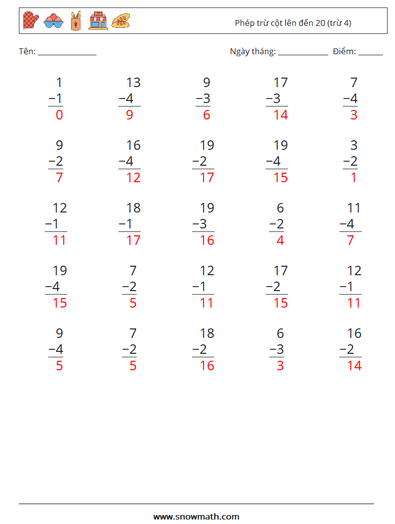 (25) Phép trừ cột lên đến 20 (trừ 4) Bảng tính toán học 10 Câu hỏi, câu trả lời
