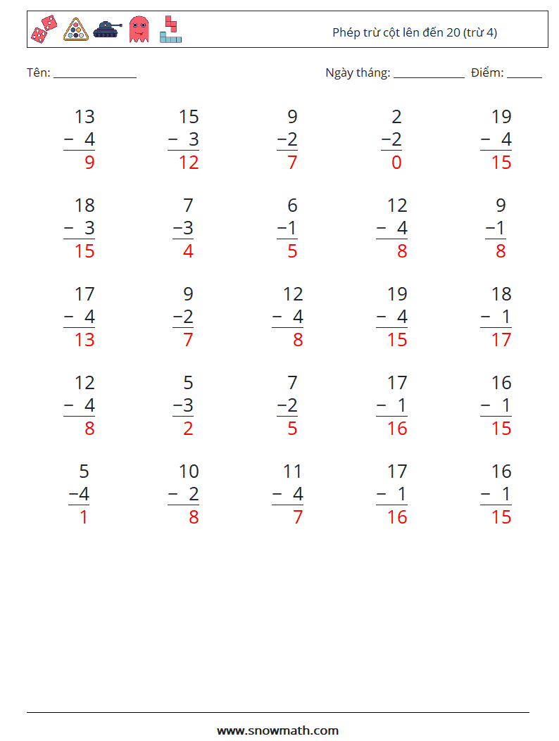 (25) Phép trừ cột lên đến 20 (trừ 4) Bảng tính toán học 11 Câu hỏi, câu trả lời