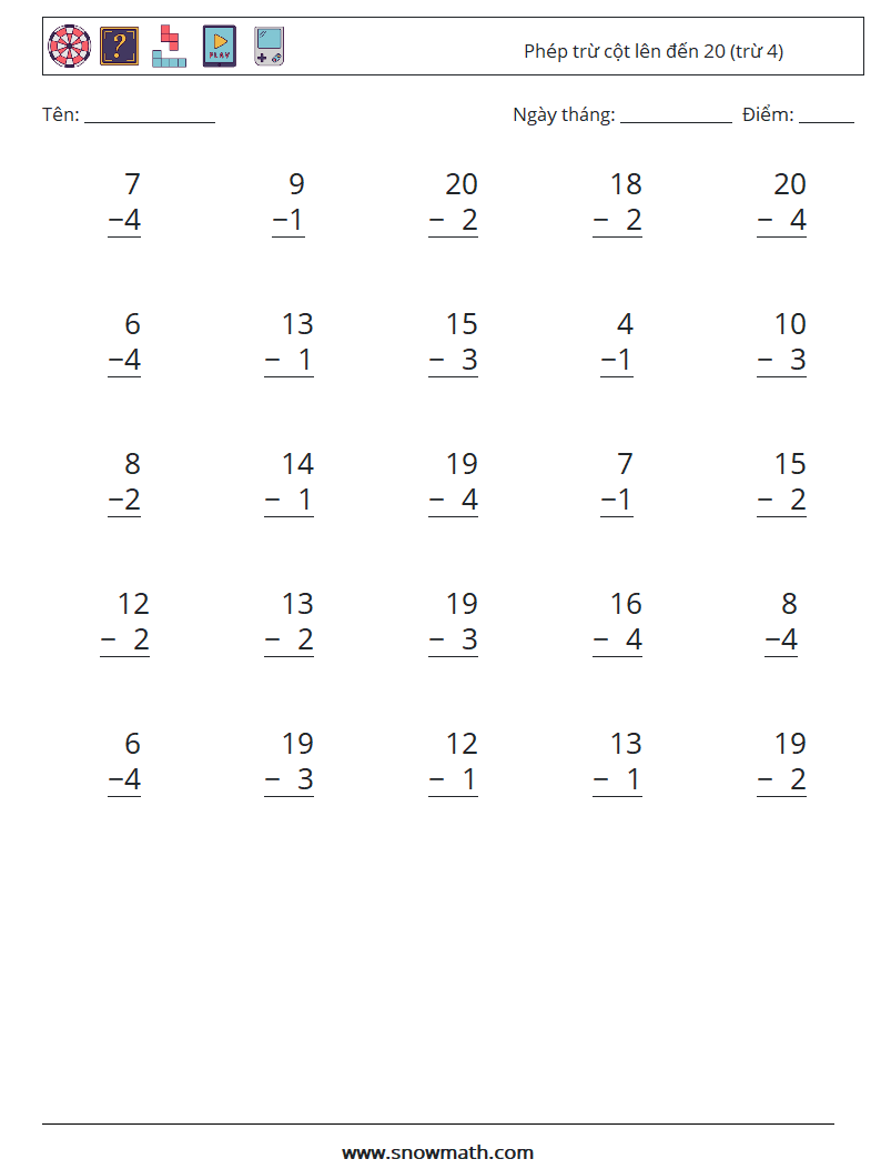 (25) Phép trừ cột lên đến 20 (trừ 4) Bảng tính toán học 14