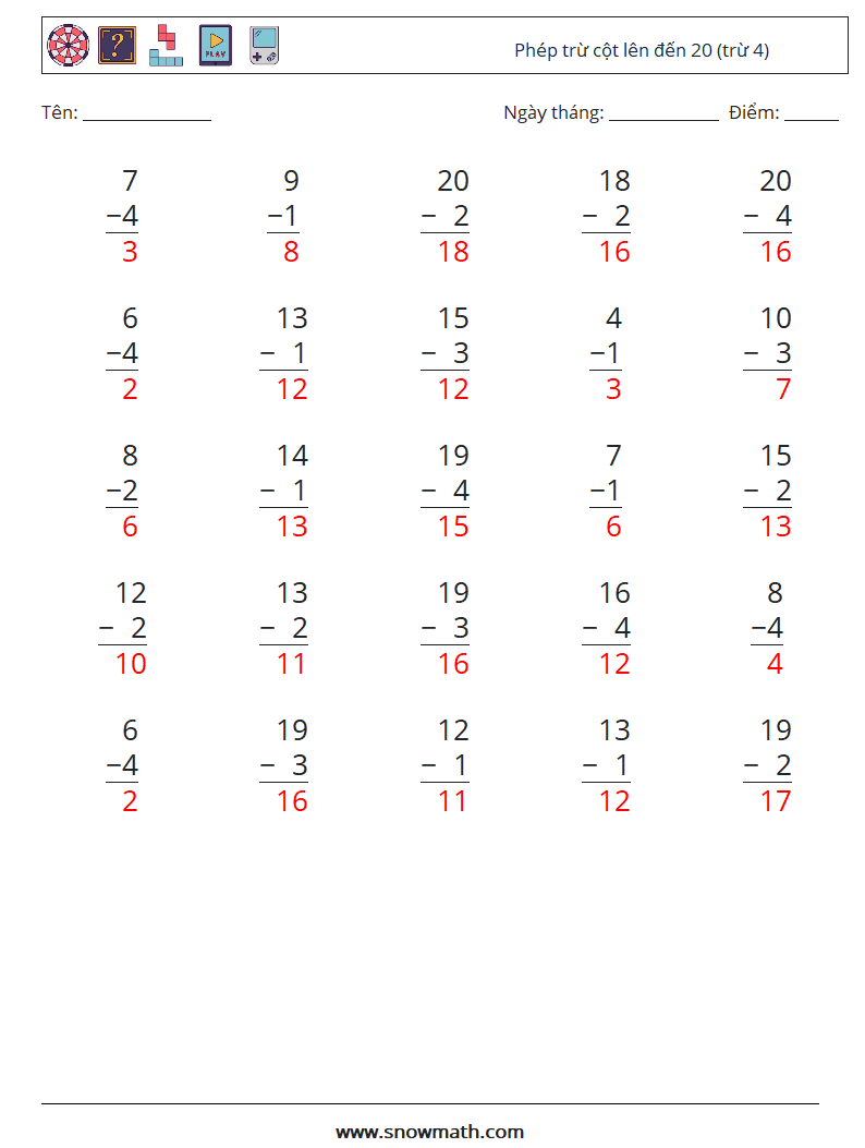(25) Phép trừ cột lên đến 20 (trừ 4) Bảng tính toán học 14 Câu hỏi, câu trả lời