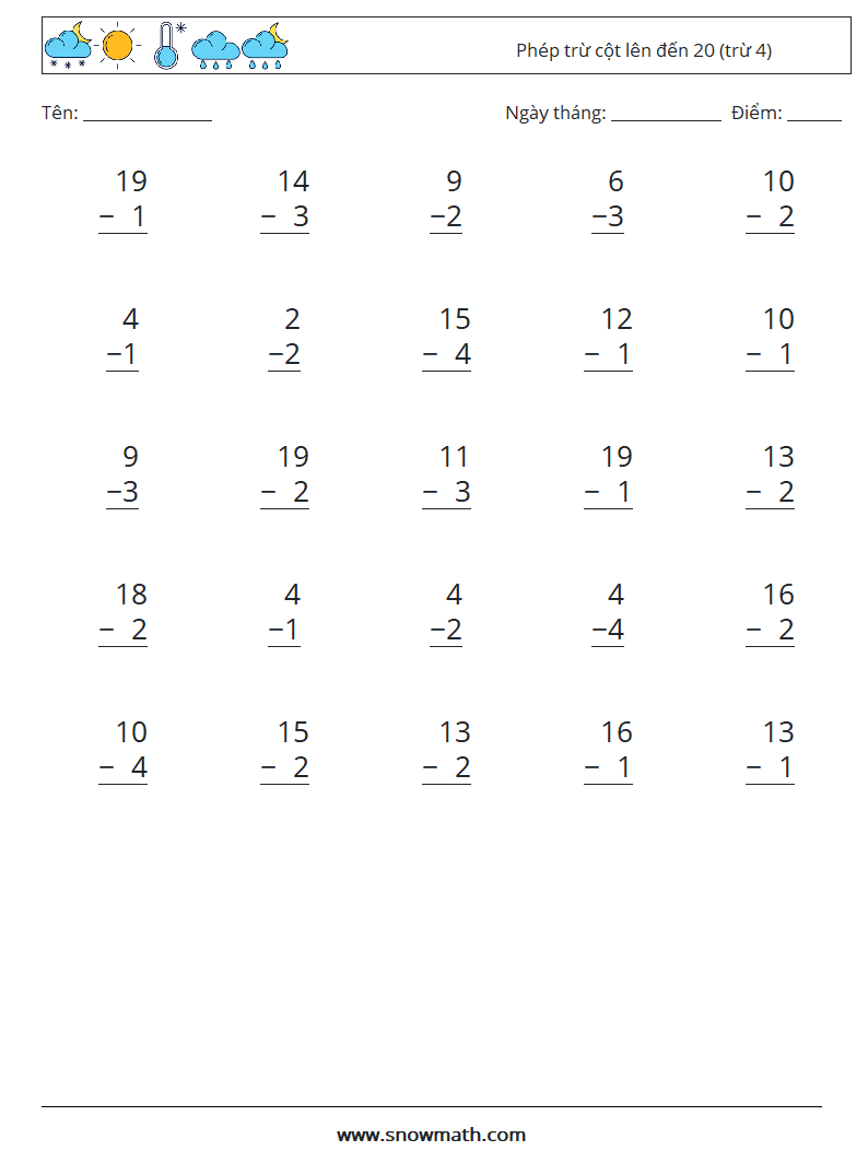 (25) Phép trừ cột lên đến 20 (trừ 4) Bảng tính toán học 15