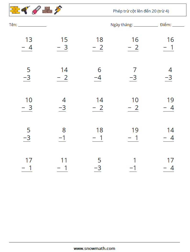 (25) Phép trừ cột lên đến 20 (trừ 4) Bảng tính toán học 16