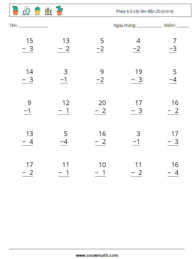 (25) Phép trừ cột lên đến 20 (trừ 4) Bảng tính toán học 18