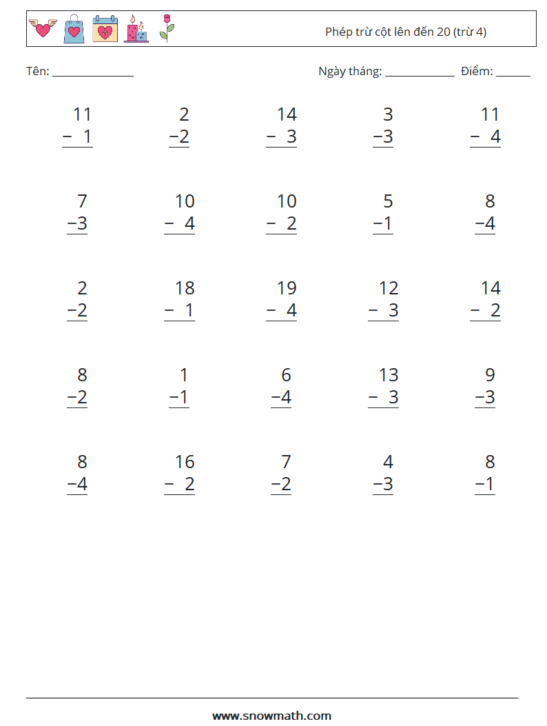 (25) Phép trừ cột lên đến 20 (trừ 4) Bảng tính toán học 5