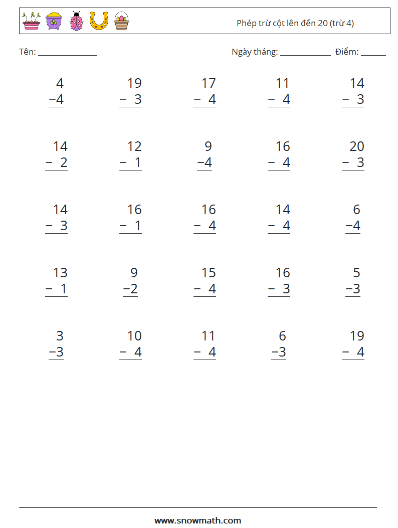 (25) Phép trừ cột lên đến 20 (trừ 4) Bảng tính toán học 7