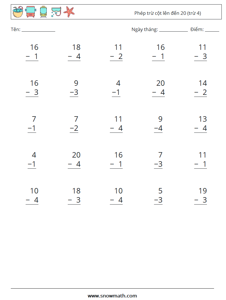 (25) Phép trừ cột lên đến 20 (trừ 4) Bảng tính toán học 9