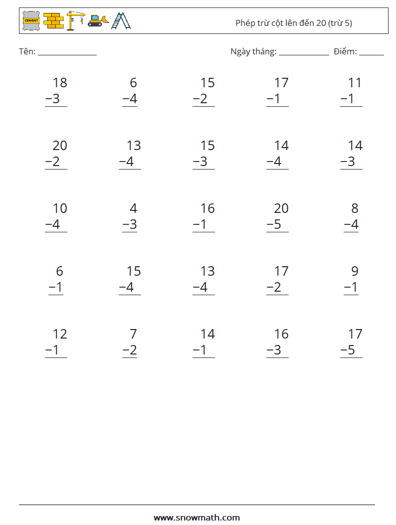 (25) Phép trừ cột lên đến 20 (trừ 5) Bảng tính toán học 2