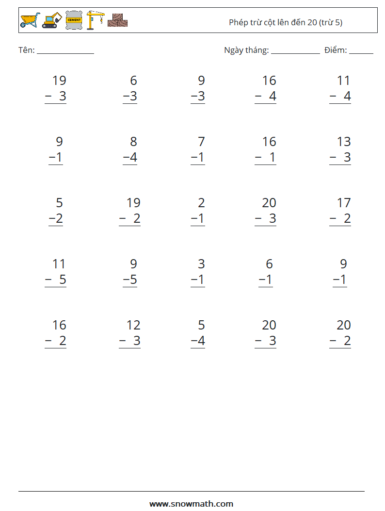 (25) Phép trừ cột lên đến 20 (trừ 5) Bảng tính toán học 6