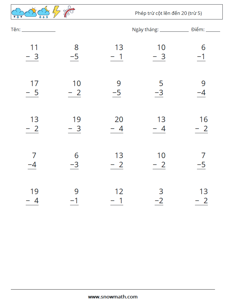 (25) Phép trừ cột lên đến 20 (trừ 5) Bảng tính toán học 7