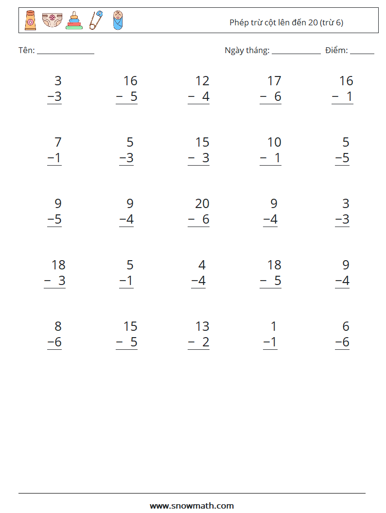 (25) Phép trừ cột lên đến 20 (trừ 6) Bảng tính toán học 11