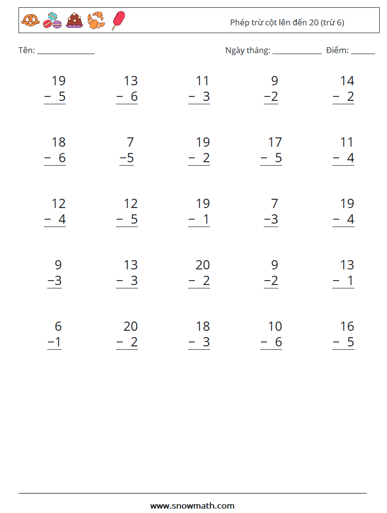 (25) Phép trừ cột lên đến 20 (trừ 6) Bảng tính toán học 9