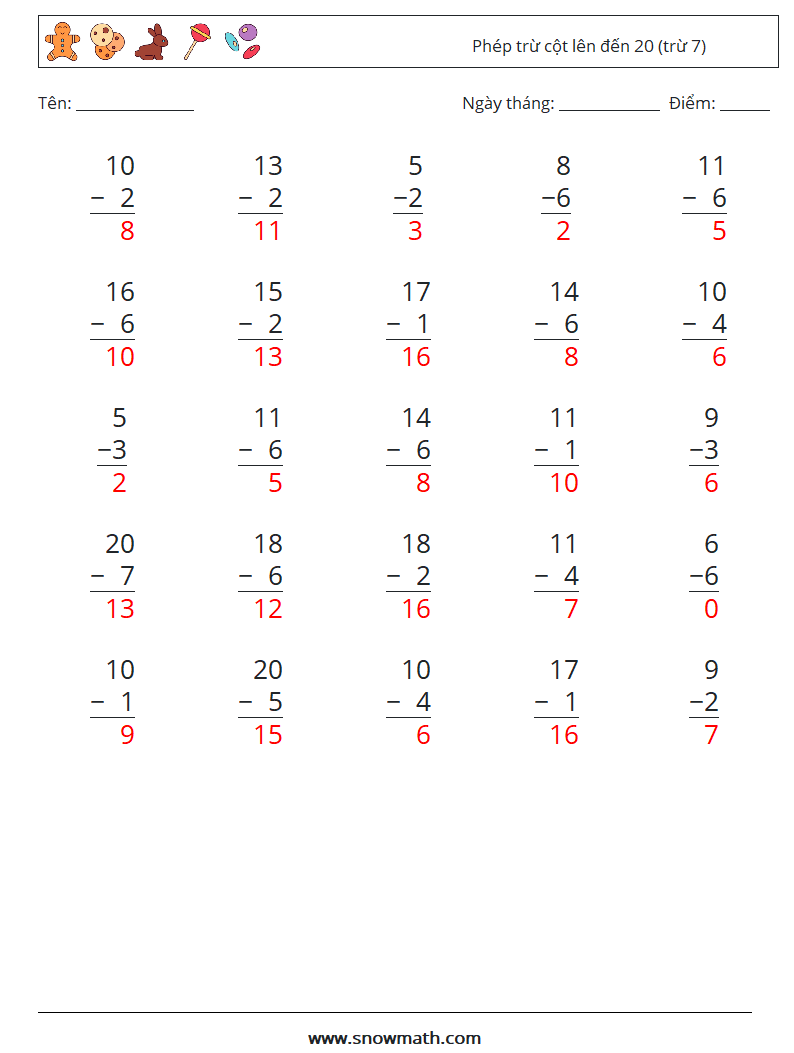 (25) Phép trừ cột lên đến 20 (trừ 7) Bảng tính toán học 11 Câu hỏi, câu trả lời