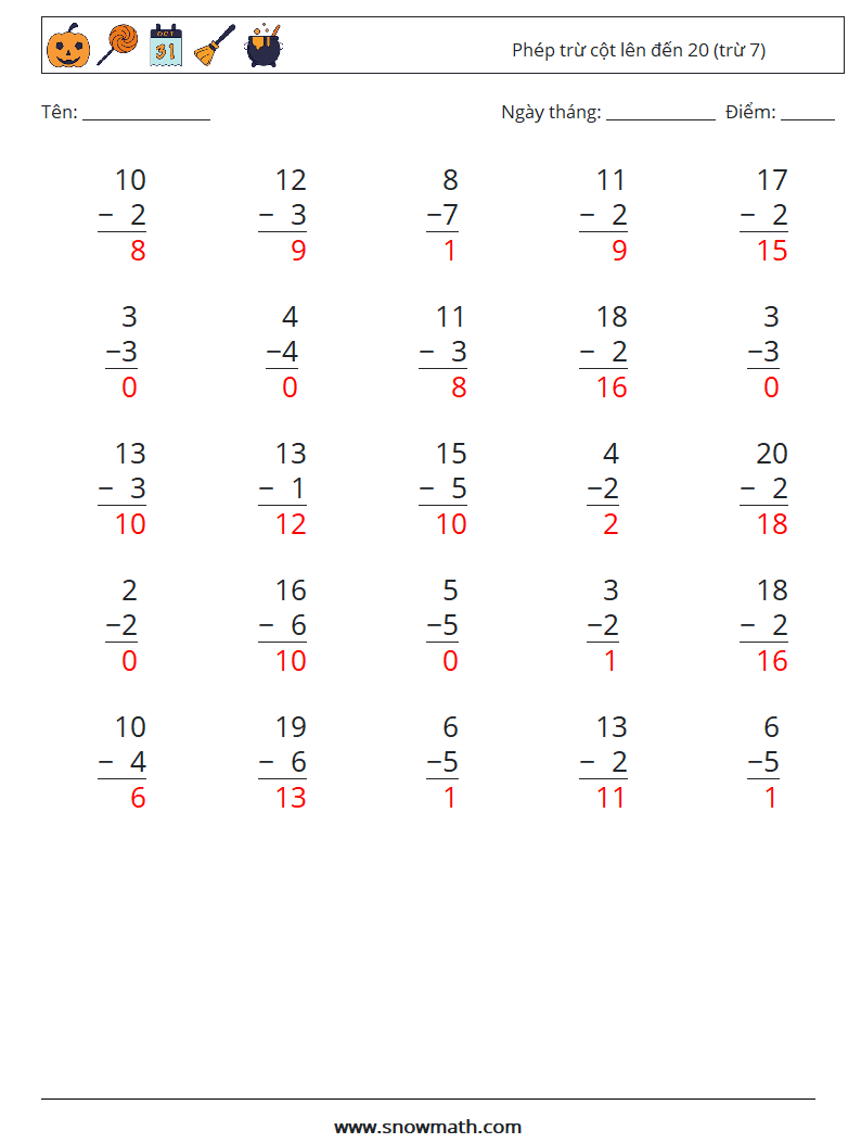 (25) Phép trừ cột lên đến 20 (trừ 7) Bảng tính toán học 12 Câu hỏi, câu trả lời