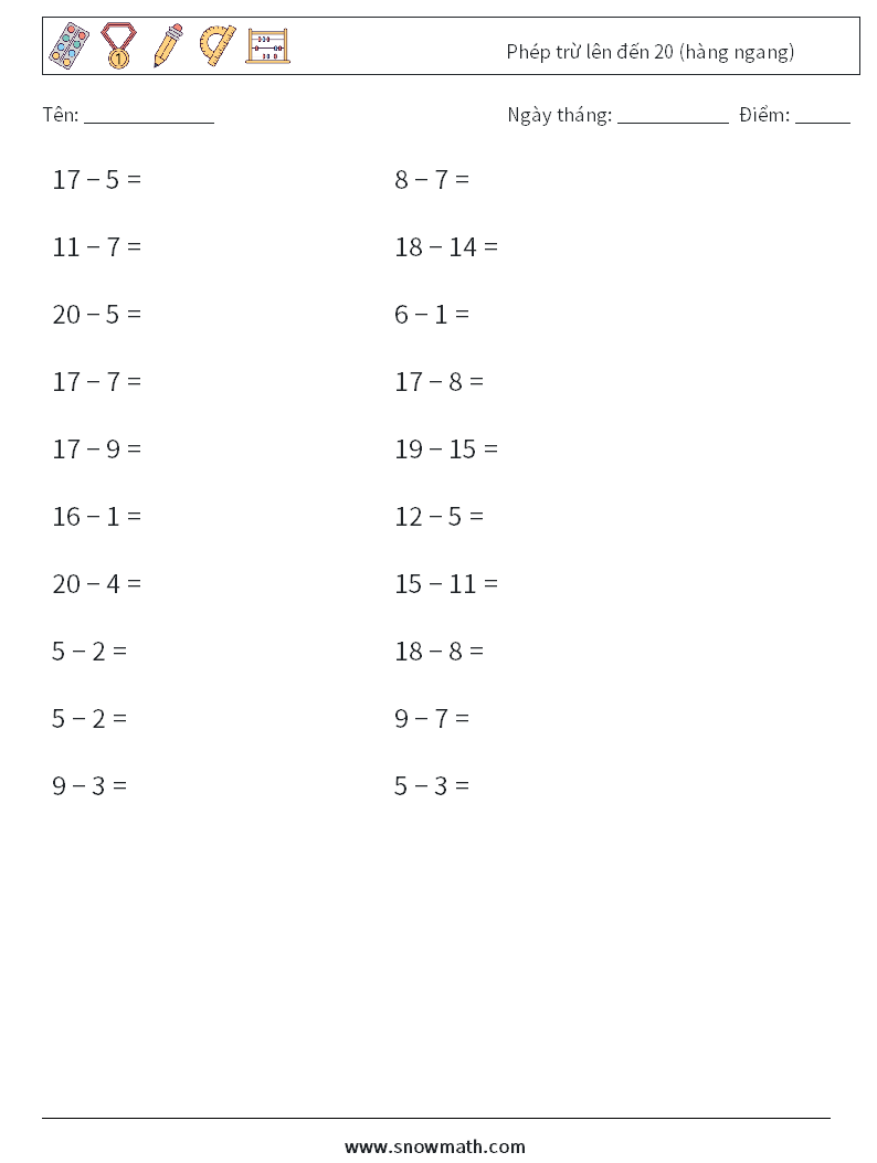 (20) Phép trừ lên đến 20 (hàng ngang)