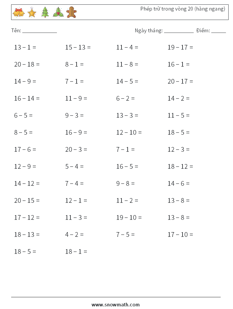 (50) Phép trừ trong vòng 20 (hàng ngang)
