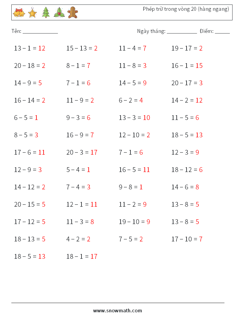 (50) Phép trừ trong vòng 20 (hàng ngang) Bảng tính toán học 1 Câu hỏi, câu trả lời