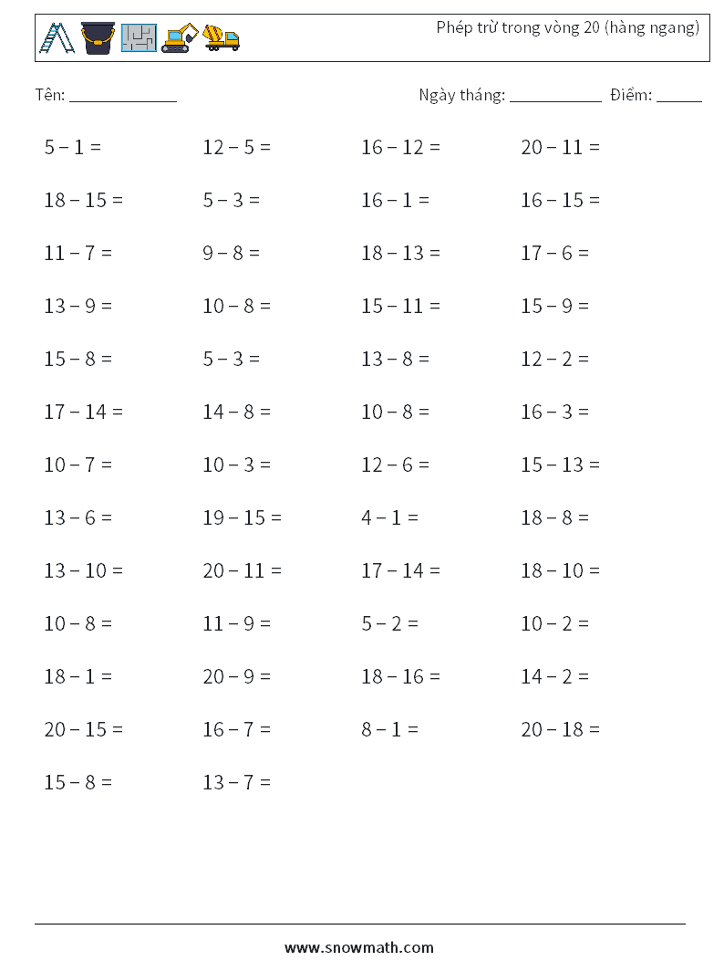 (50) Phép trừ trong vòng 20 (hàng ngang) Bảng tính toán học 2