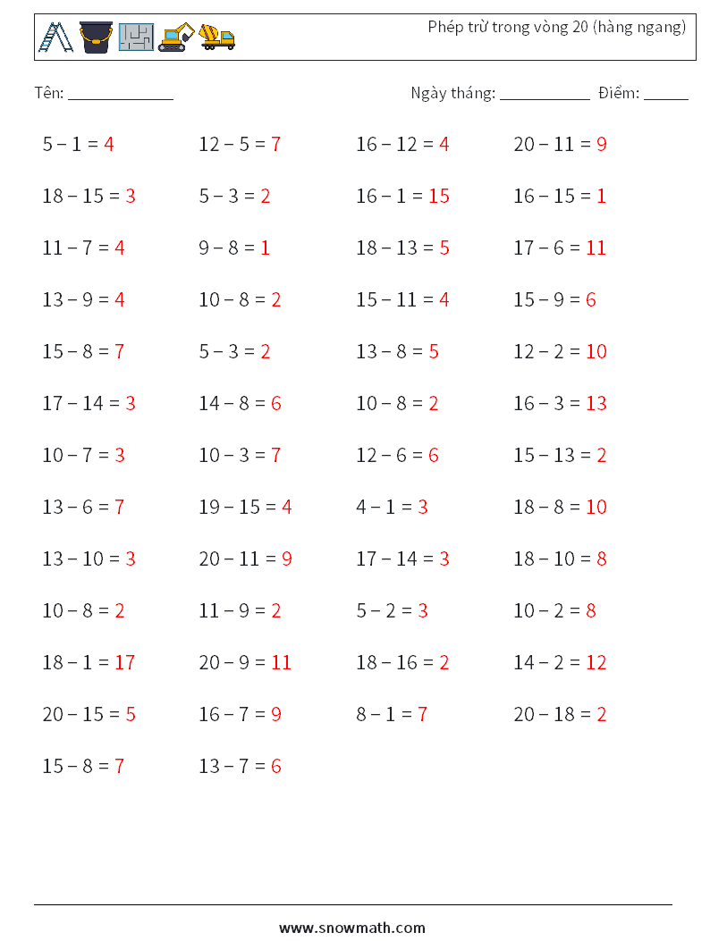 (50) Phép trừ trong vòng 20 (hàng ngang) Bảng tính toán học 2 Câu hỏi, câu trả lời
