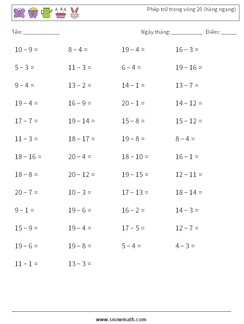 (50) Phép trừ trong vòng 20 (hàng ngang) Bảng tính toán học 3