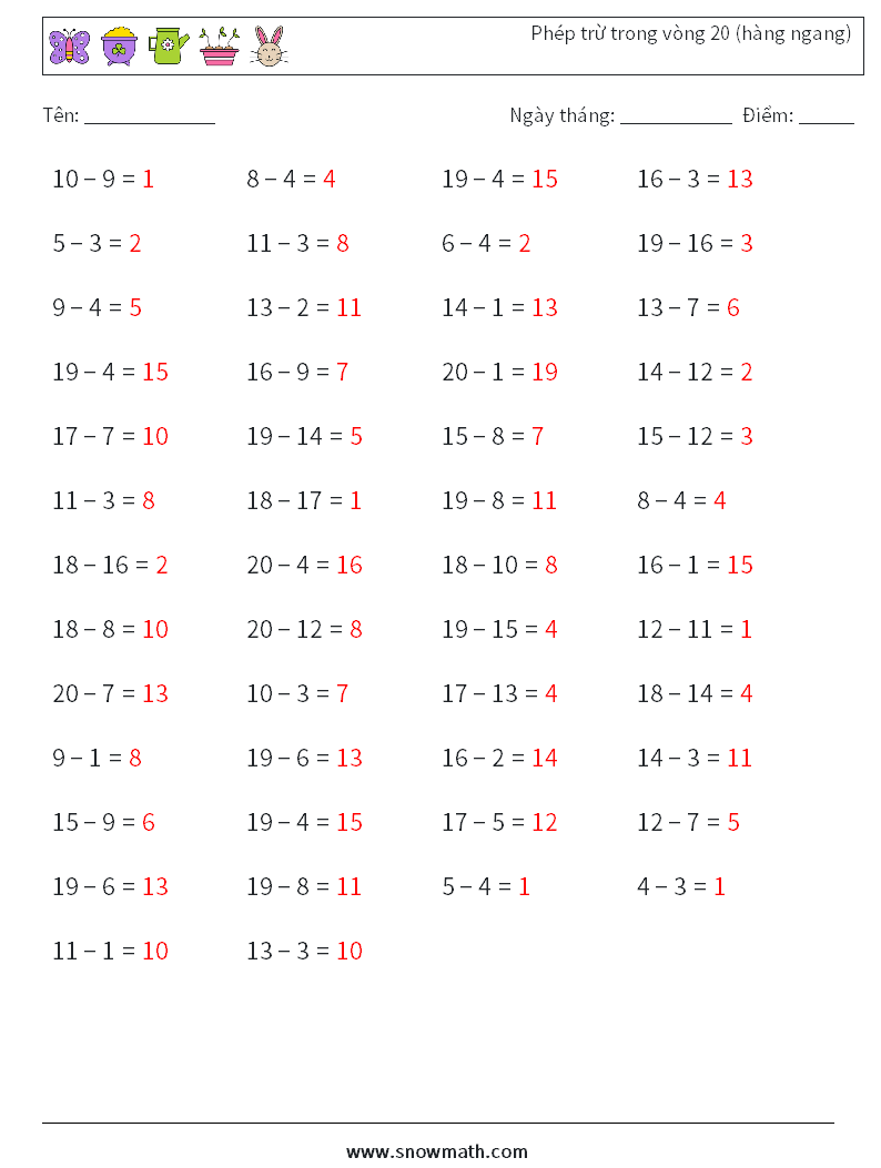 (50) Phép trừ trong vòng 20 (hàng ngang) Bảng tính toán học 3 Câu hỏi, câu trả lời
