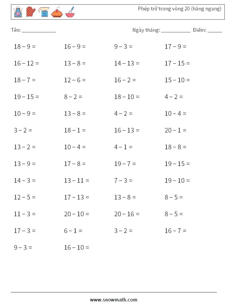 (50) Phép trừ trong vòng 20 (hàng ngang) Bảng tính toán học 4