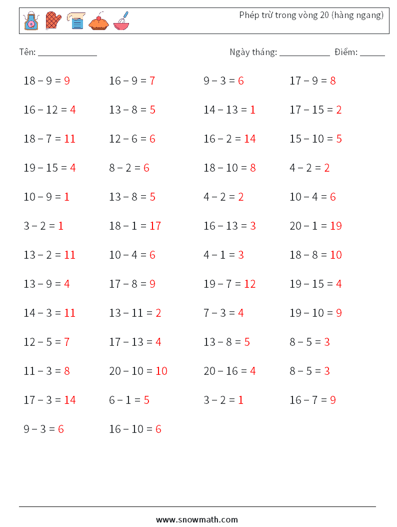 (50) Phép trừ trong vòng 20 (hàng ngang) Bảng tính toán học 4 Câu hỏi, câu trả lời