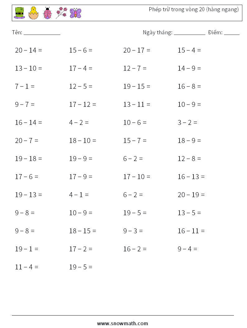 (50) Phép trừ trong vòng 20 (hàng ngang) Bảng tính toán học 5