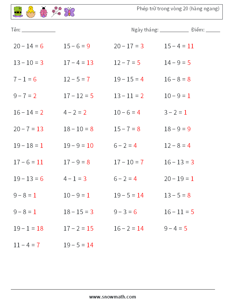 (50) Phép trừ trong vòng 20 (hàng ngang) Bảng tính toán học 5 Câu hỏi, câu trả lời