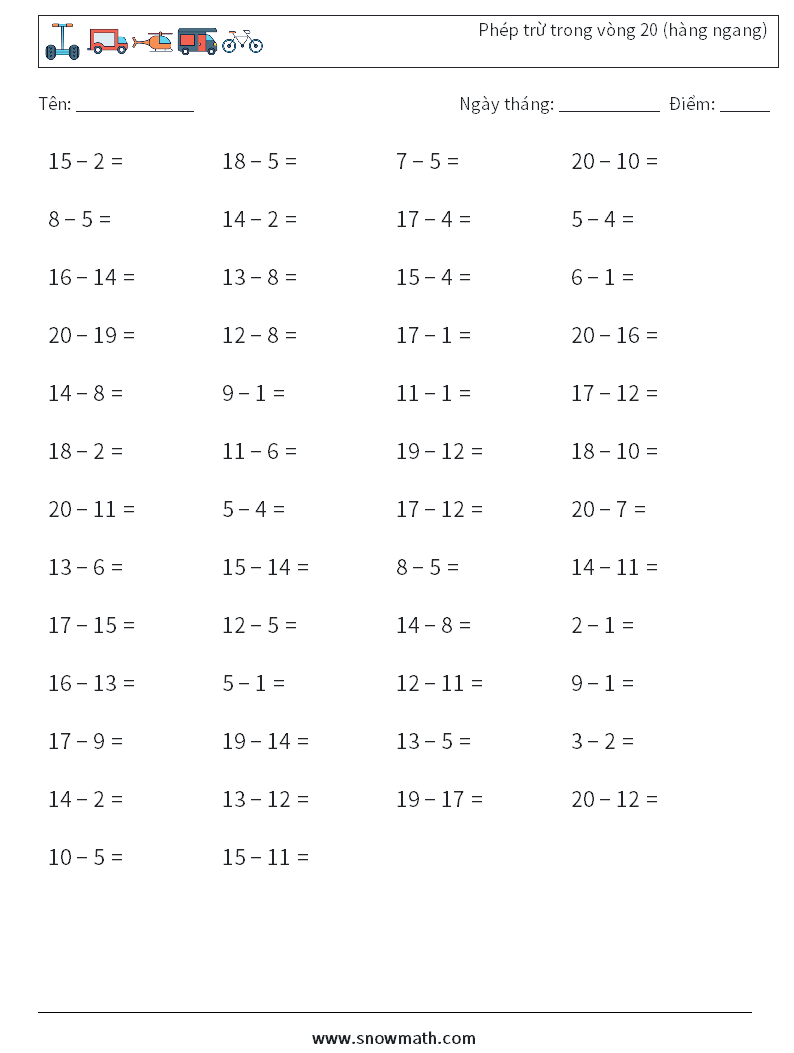 (50) Phép trừ trong vòng 20 (hàng ngang) Bảng tính toán học 6