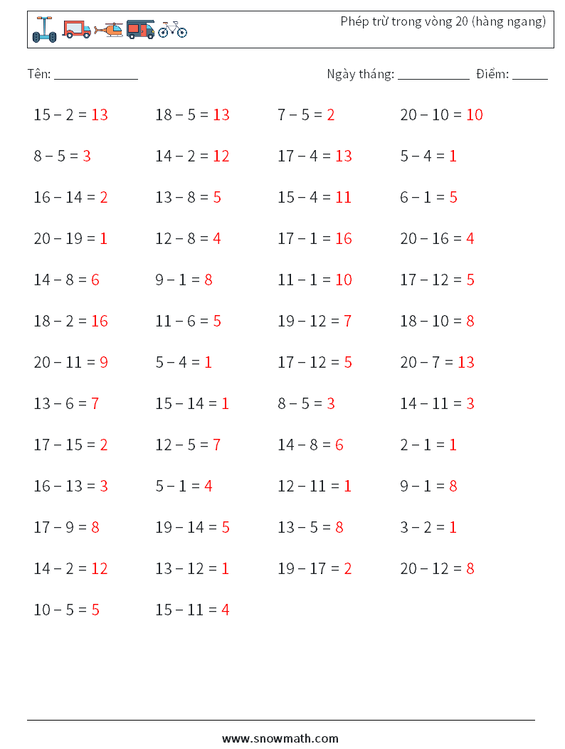 (50) Phép trừ trong vòng 20 (hàng ngang) Bảng tính toán học 6 Câu hỏi, câu trả lời