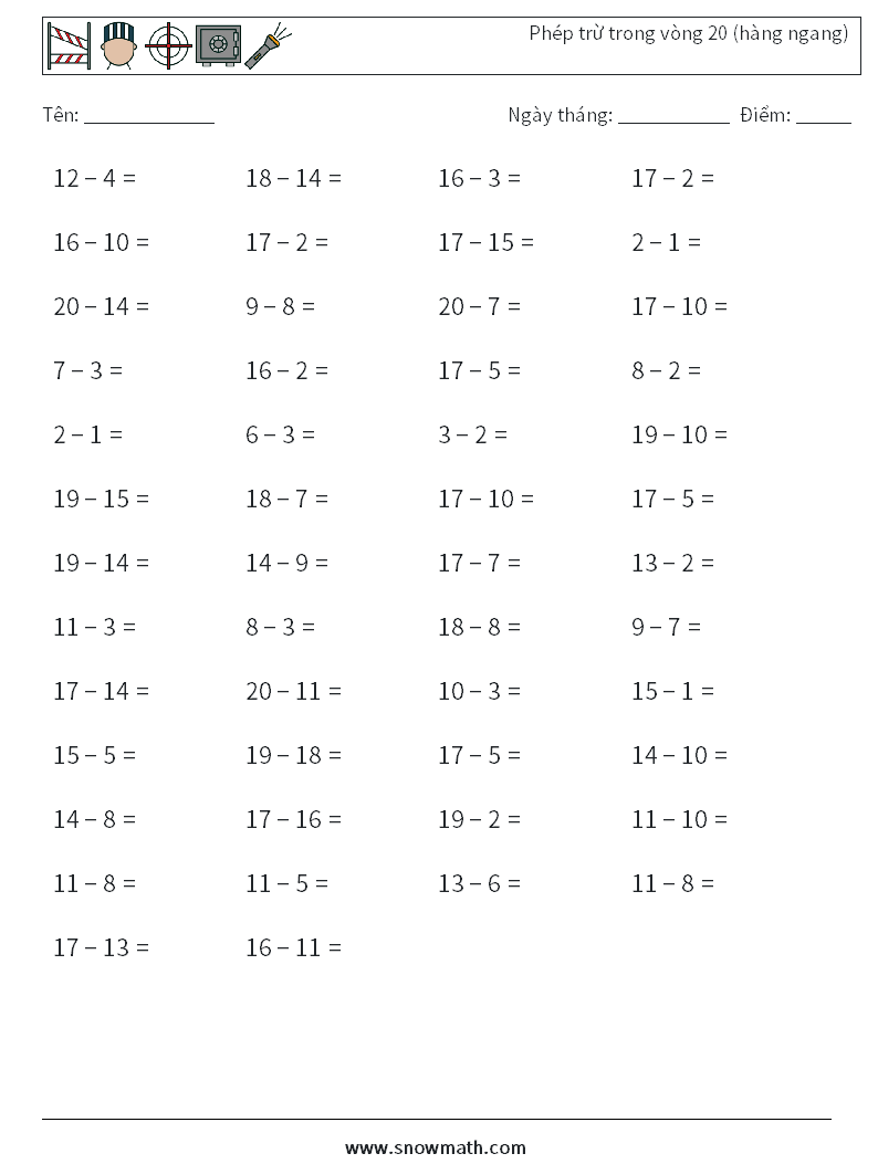 (50) Phép trừ trong vòng 20 (hàng ngang) Bảng tính toán học 7