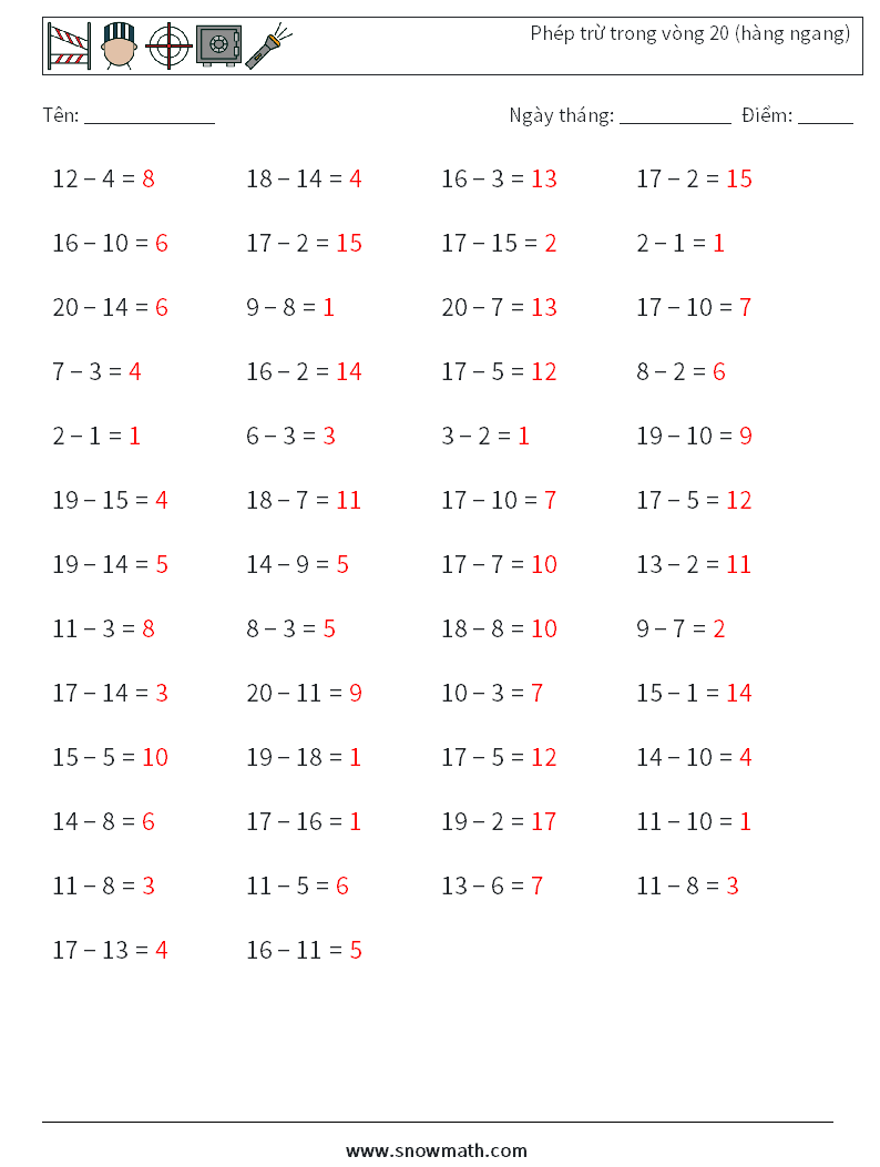 (50) Phép trừ trong vòng 20 (hàng ngang) Bảng tính toán học 7 Câu hỏi, câu trả lời