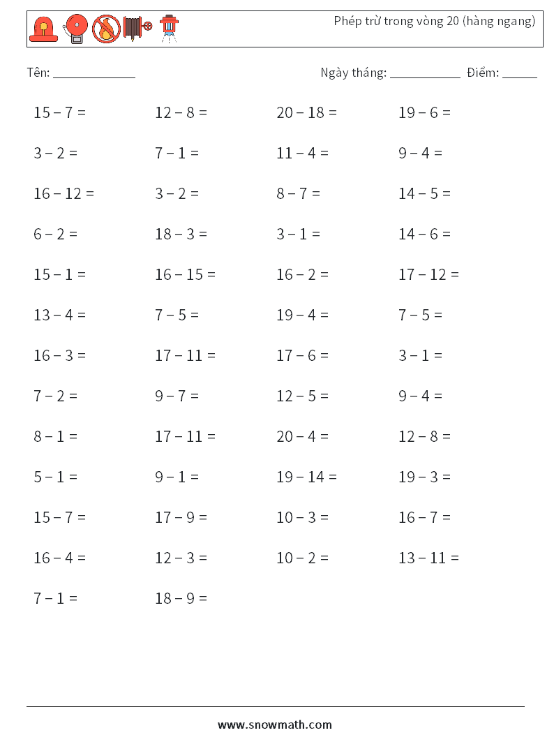 (50) Phép trừ trong vòng 20 (hàng ngang) Bảng tính toán học 8
