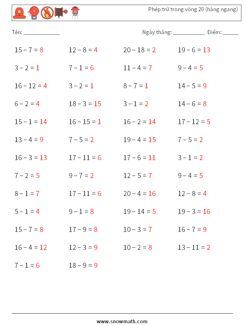 (50) Phép trừ trong vòng 20 (hàng ngang) Bảng tính toán học 8 Câu hỏi, câu trả lời